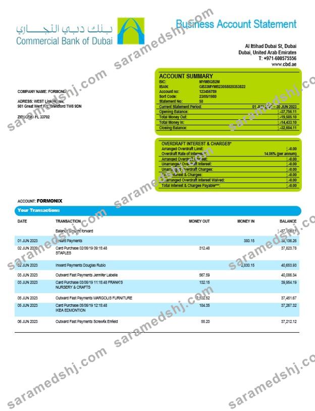 Commercial Bank of Dubai company checking account statement Word and PDF template